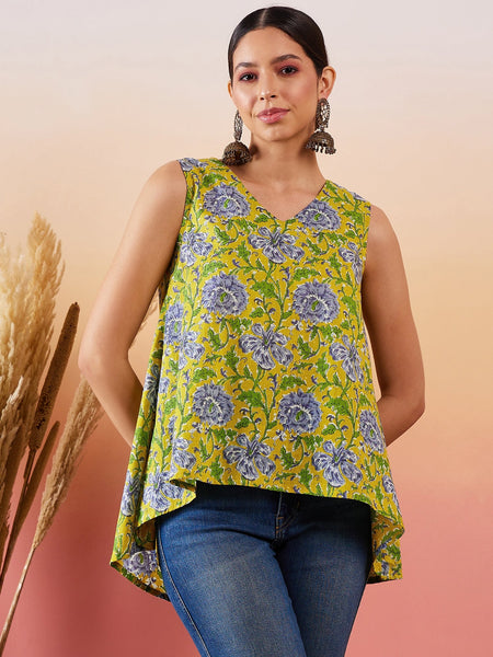 InWeave Sunset Yellow Floral Print V Neck W/S Top