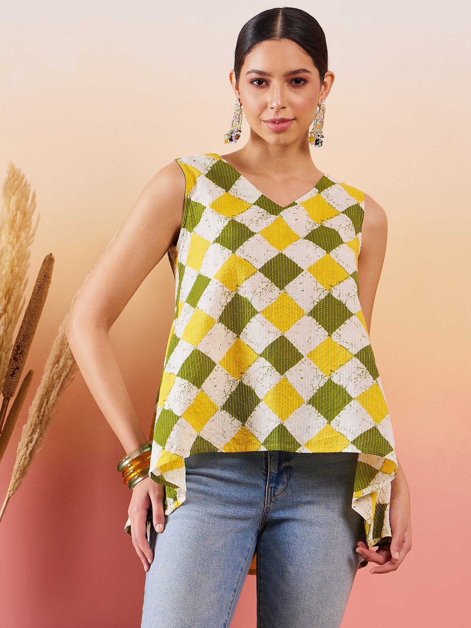 InWeave Yellow Green Geometric Print Kantha V Neck W/S Top - Distacart