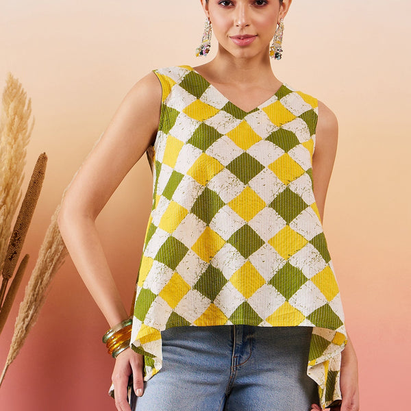 InWeave Yellow Green Geometric Print Kantha V Neck W/S Top - Distacart