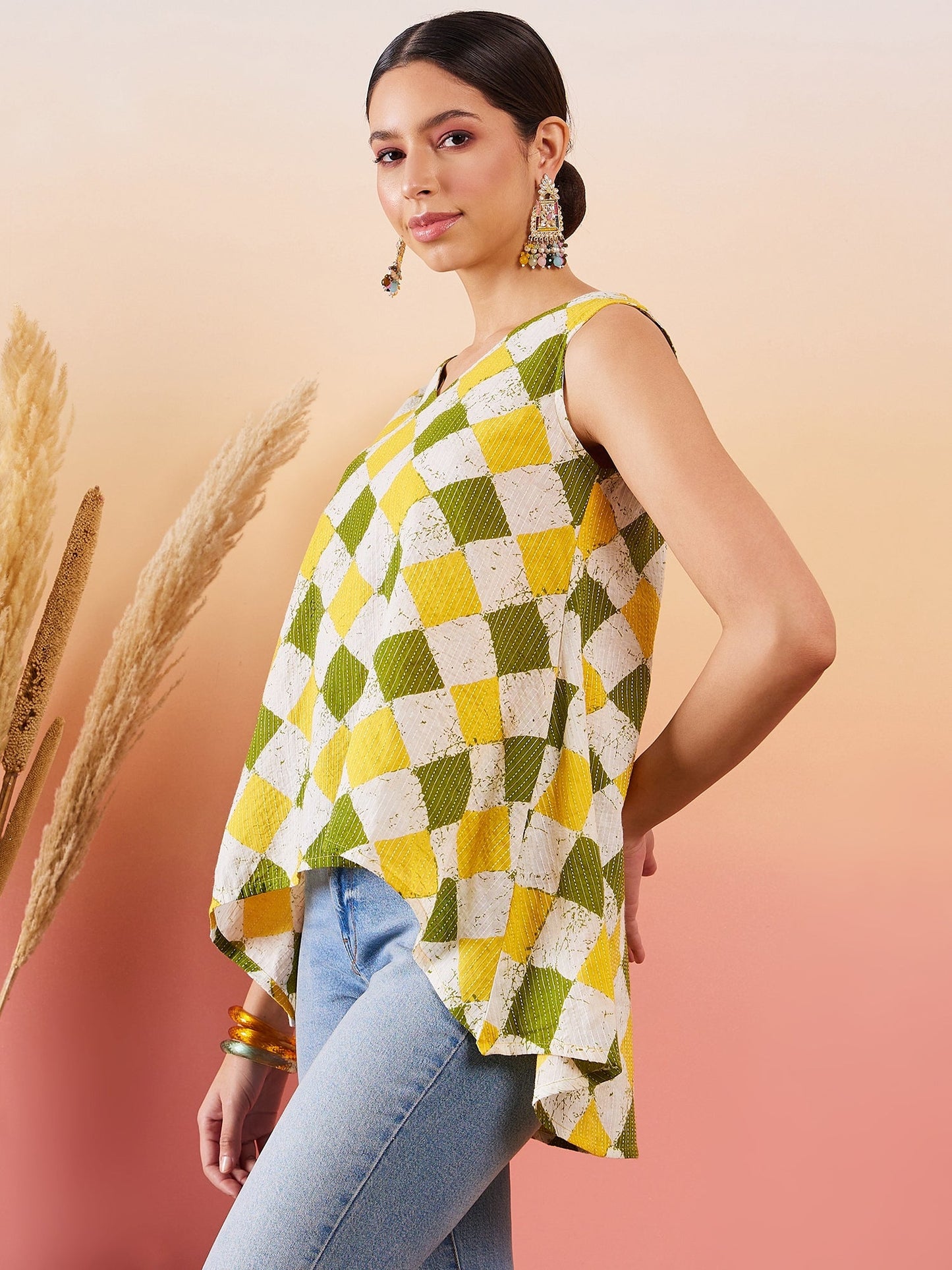 InWeave Yellow Green Geometric Print Kantha V Neck W/S Top - Distacart