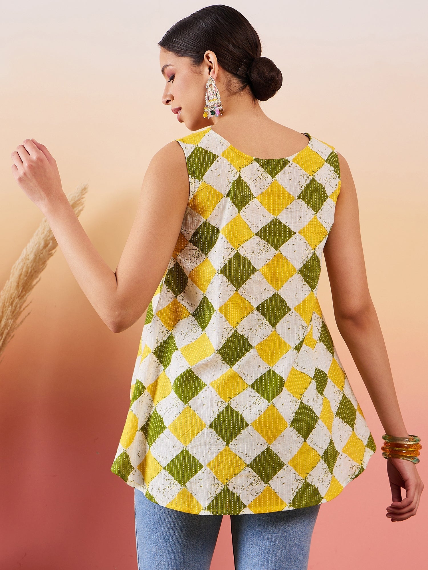 InWeave Yellow Green Geometric Print Kantha V Neck W/S Top - Distacart