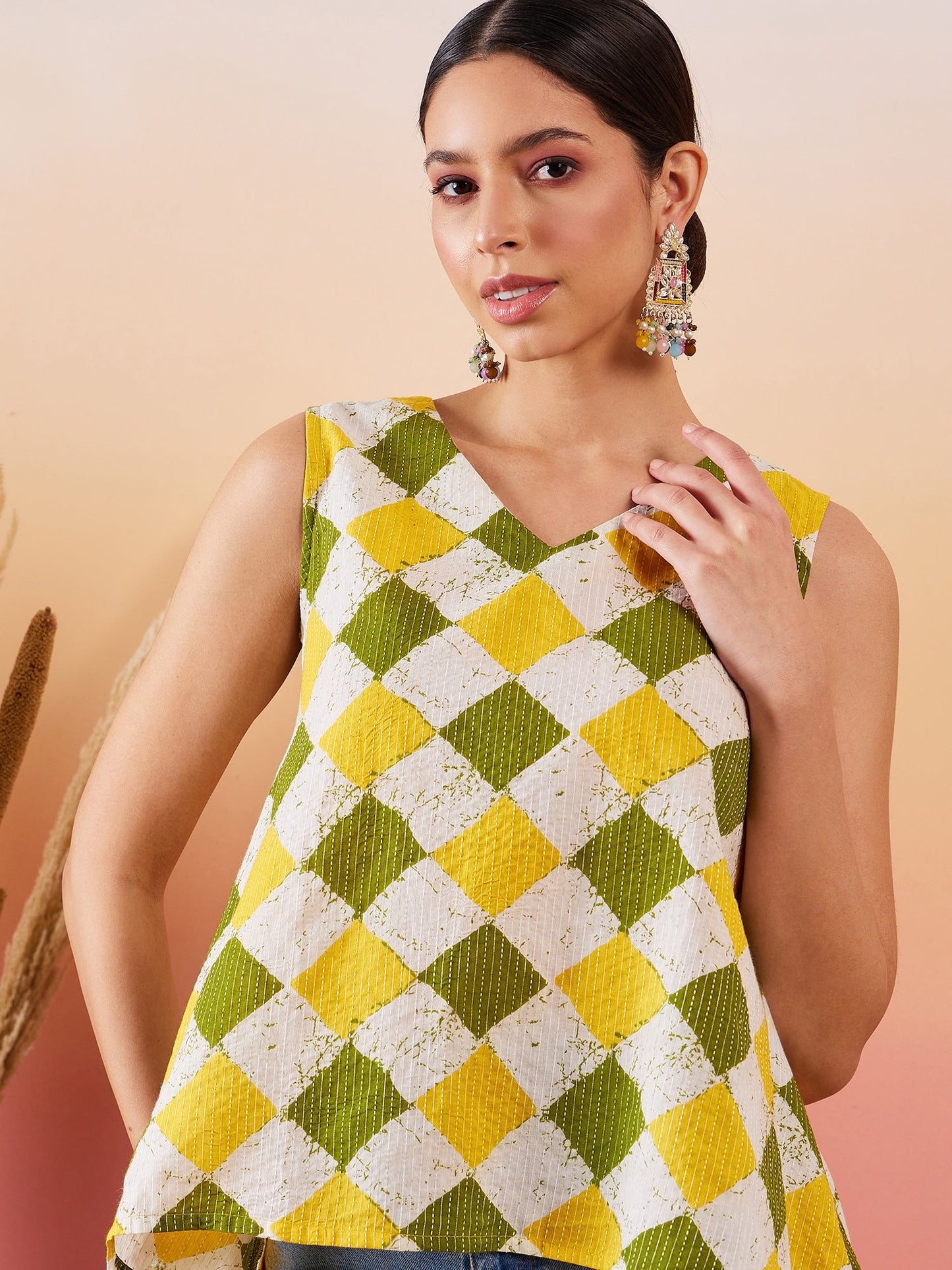 InWeave Yellow Green Geometric Print Kantha V Neck W/S Top - Distacart