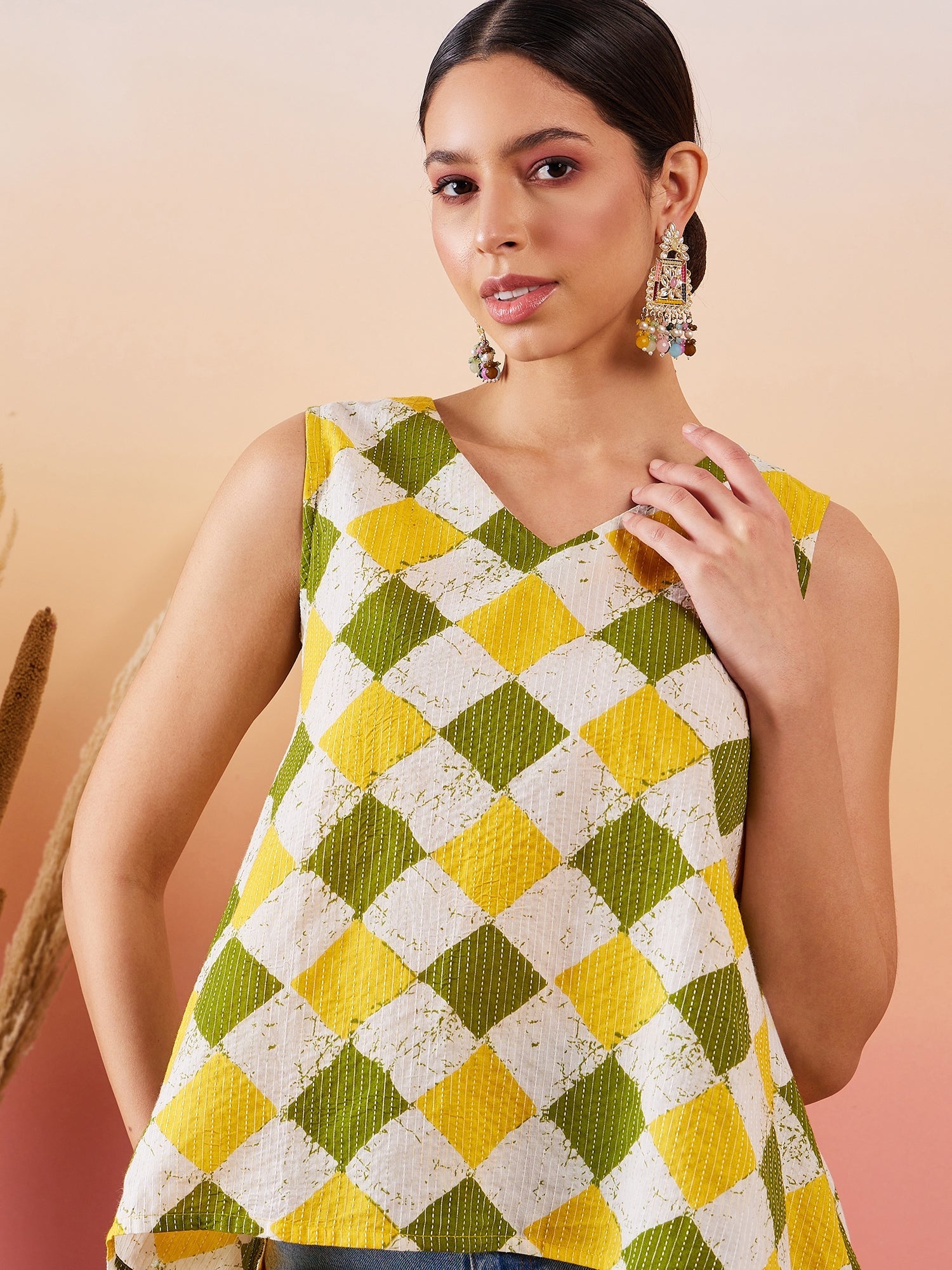 InWeave Yellow Green Geometric Print Kantha V Neck W/S Top - Distacart