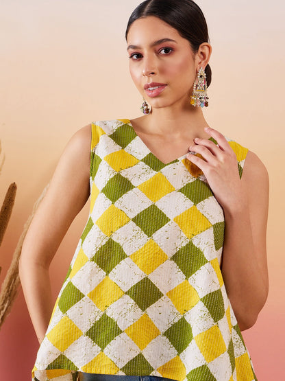 InWeave Yellow Green Geometric Print Kantha V Neck W/S Top - Distacart