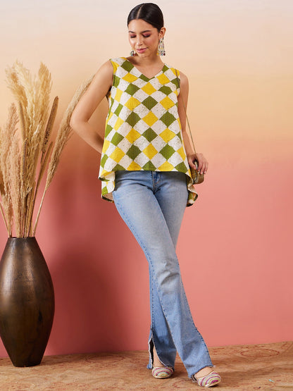 InWeave Yellow Green Geometric Print Kantha V Neck W/S Top - Distacart