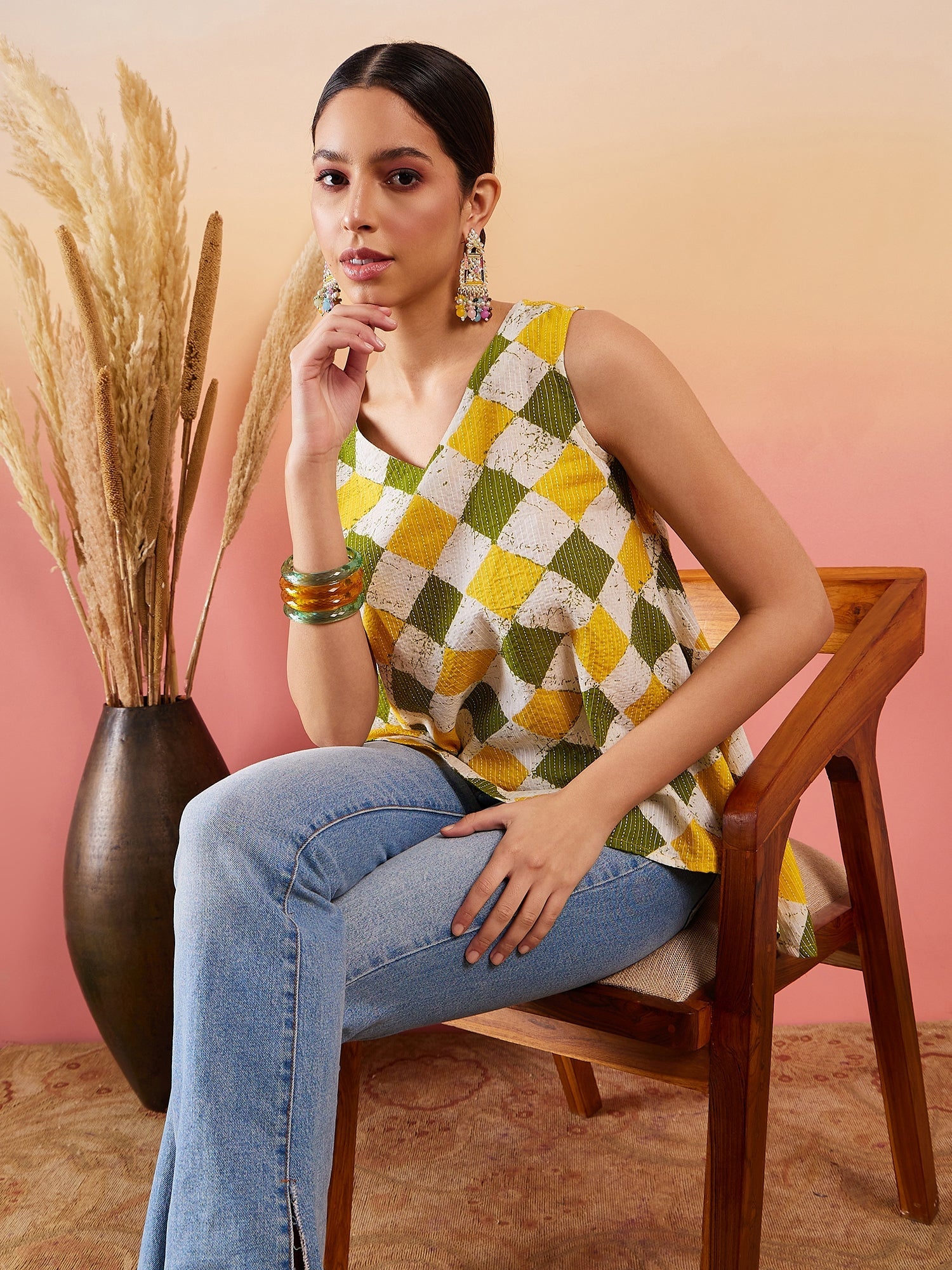InWeave Yellow Green Geometric Print Kantha V Neck W/S Top - Distacart