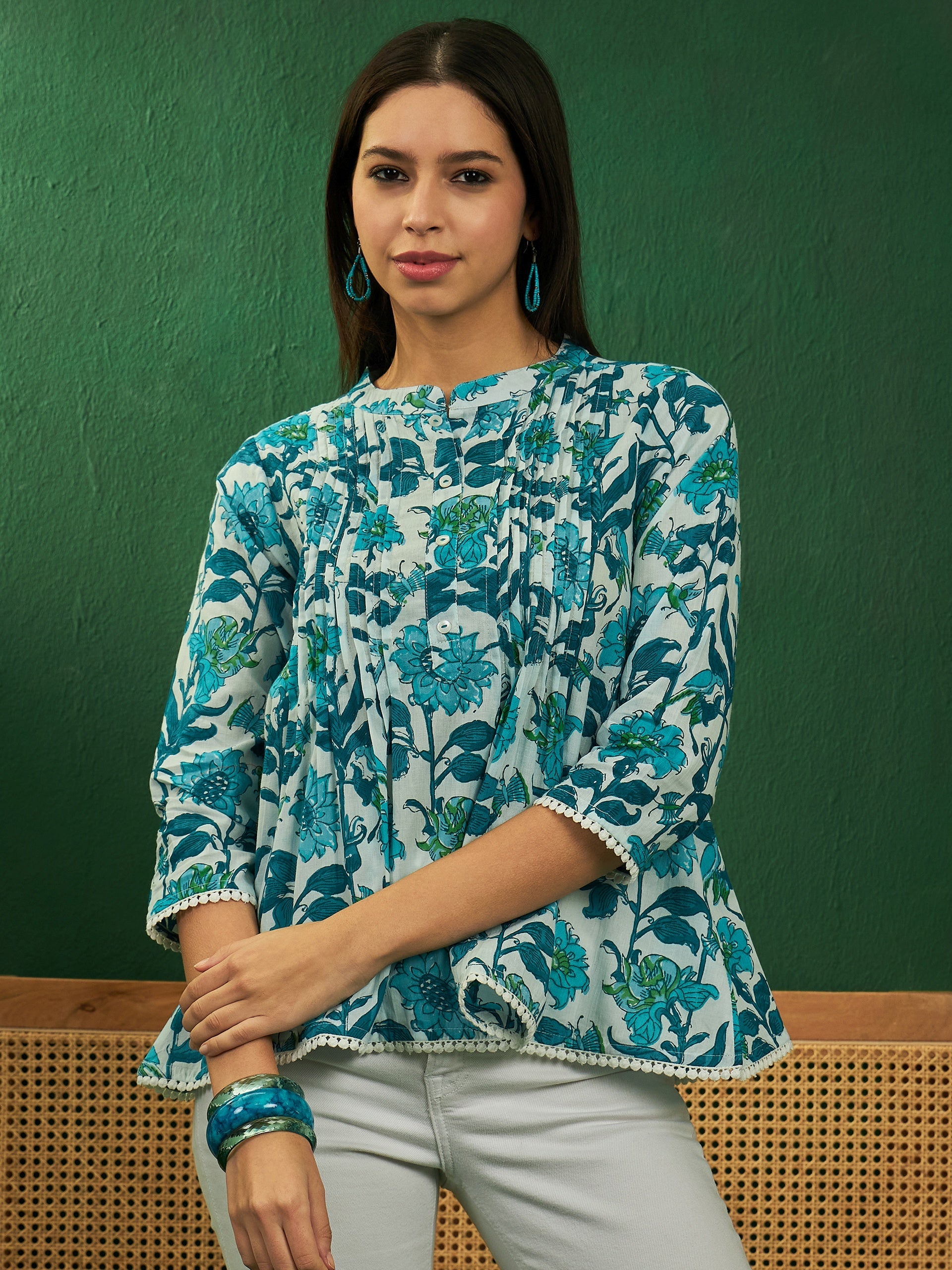 InWeave White Sea Blue Floral Print Front Pintex Lace Top