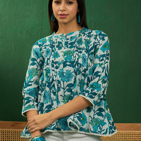 InWeave White Sea Blue Floral Print Front Pintex Lace Top - Distacart