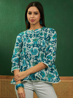 Thumbnail for InWeave White Sea Blue Floral Print Front Pintex Lace Top