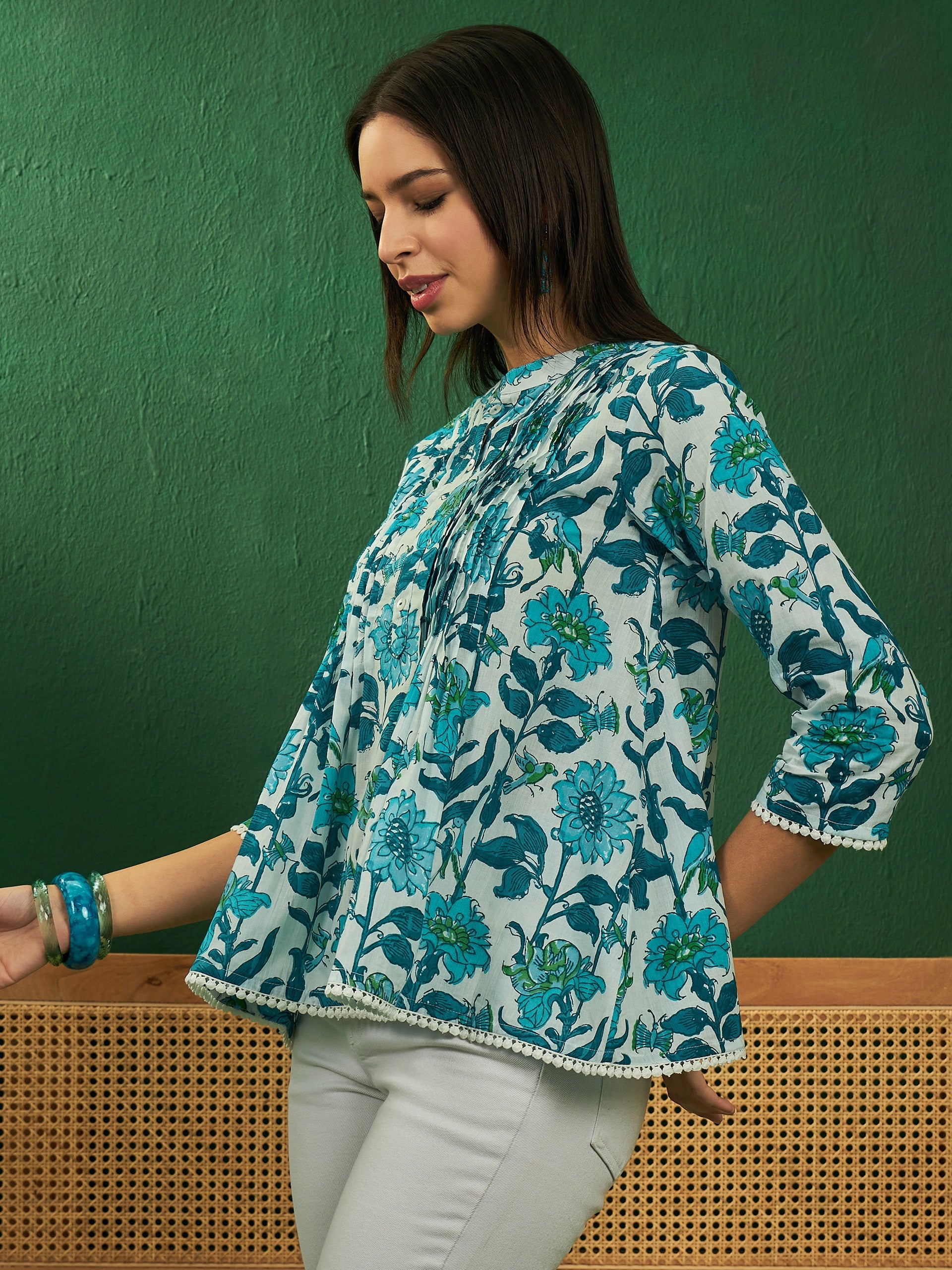 InWeave White Sea Blue Floral Print Front Pintex Lace Top - Distacart