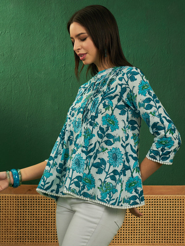 InWeave White Sea Blue Floral Print Front Pintex Lace Top