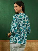 Thumbnail for InWeave White Sea Blue Floral Print Front Pintex Lace Top