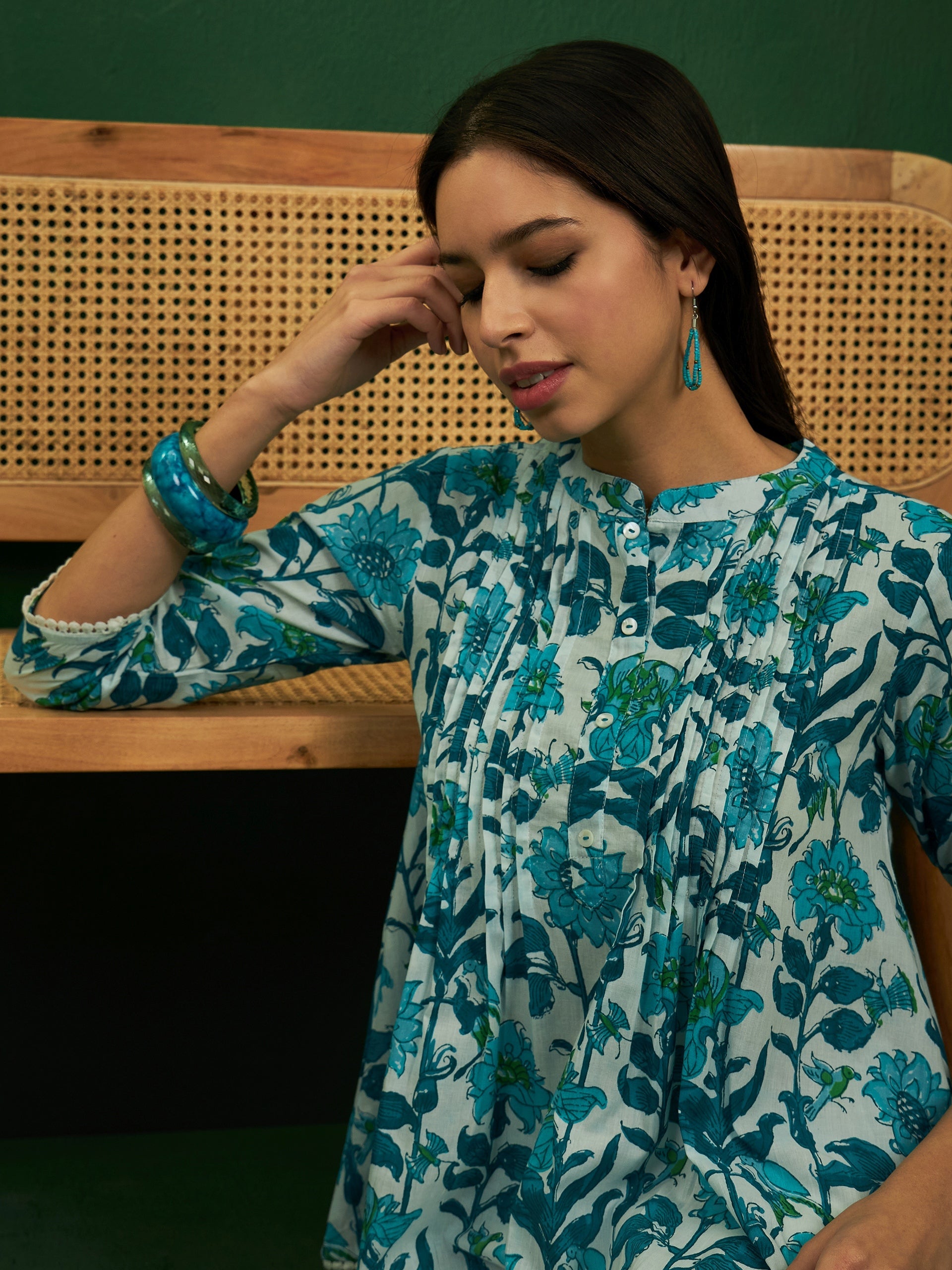 InWeave White Sea Blue Floral Print Front Pintex Lace Top