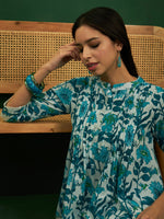 Thumbnail for InWeave White Sea Blue Floral Print Front Pintex Lace Top