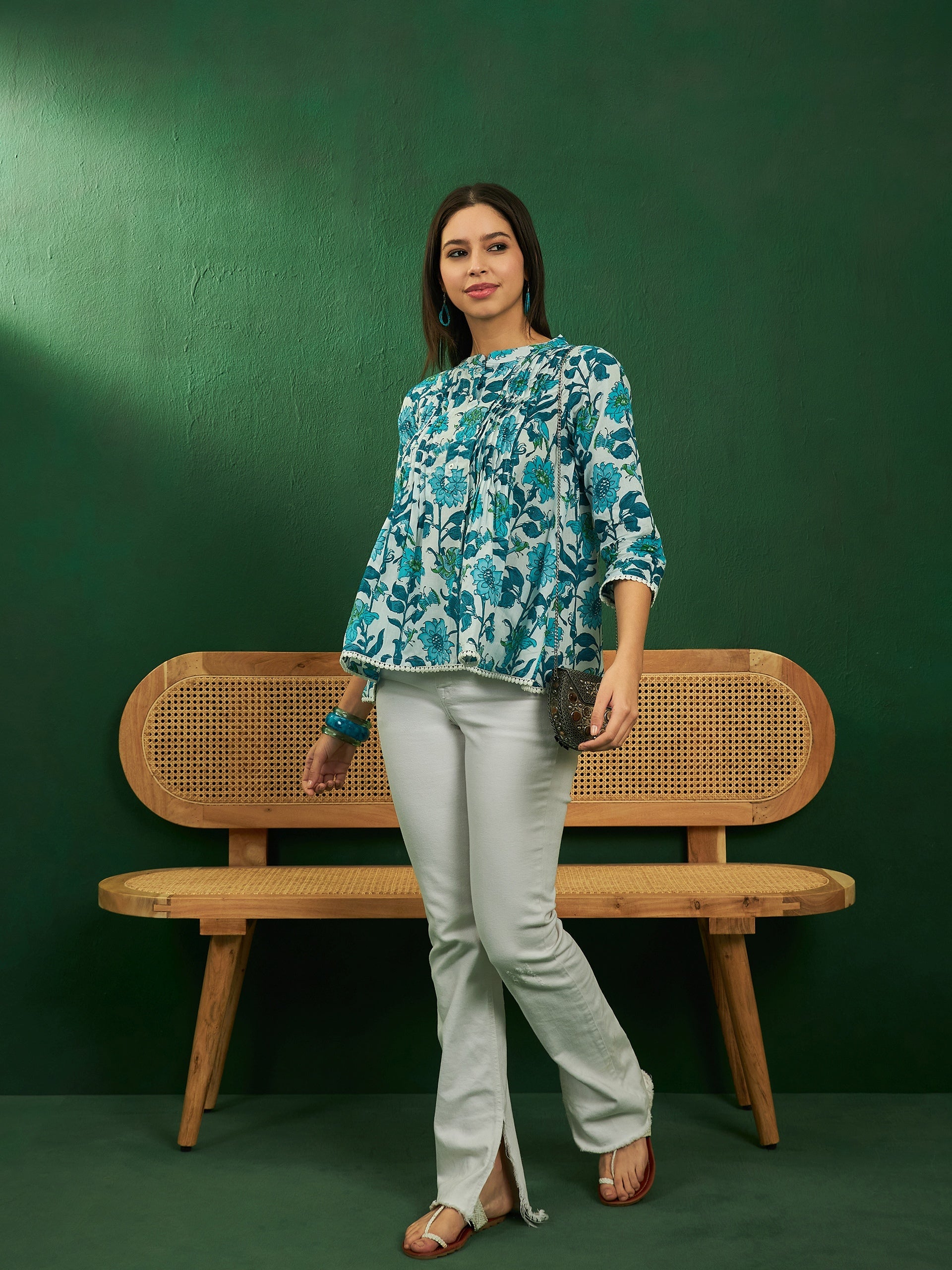 InWeave White Sea Blue Floral Print Front Pintex Lace Top