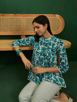 Thumbnail for InWeave White Sea Blue Floral Print Front Pintex Lace Top