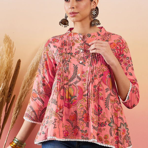 InWeave Peach Floral Print Front Pintex Lace Top - Distacart