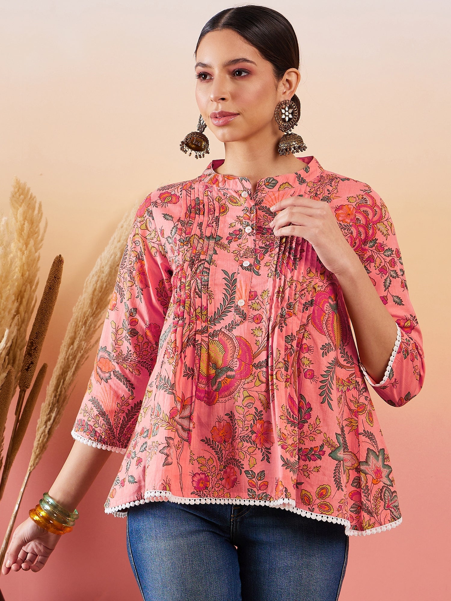 InWeave Peach Floral Print Front Pintex Lace Top - Distacart