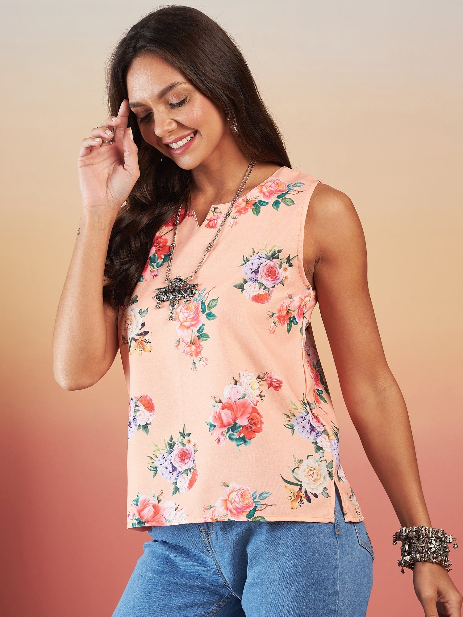 InWeave Peach Rose Print W/S Top - Distacart