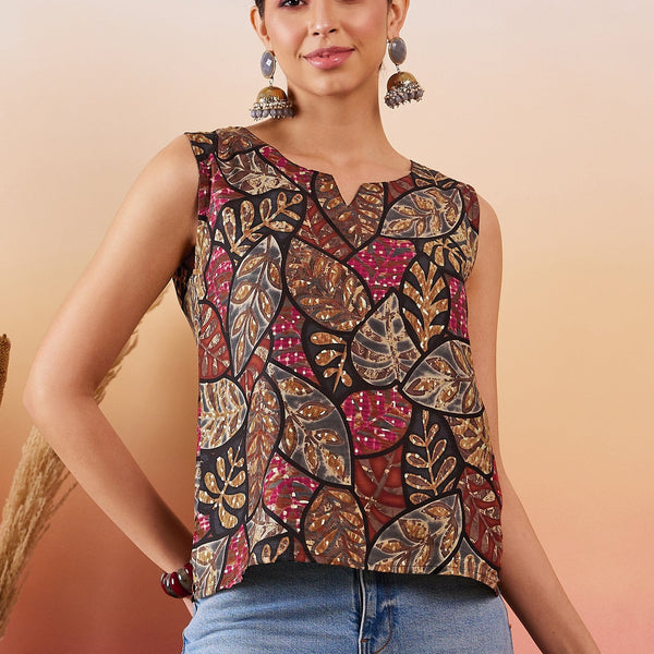 InWeave Black Grey Leaf Print Foil W/S Top - Distacart