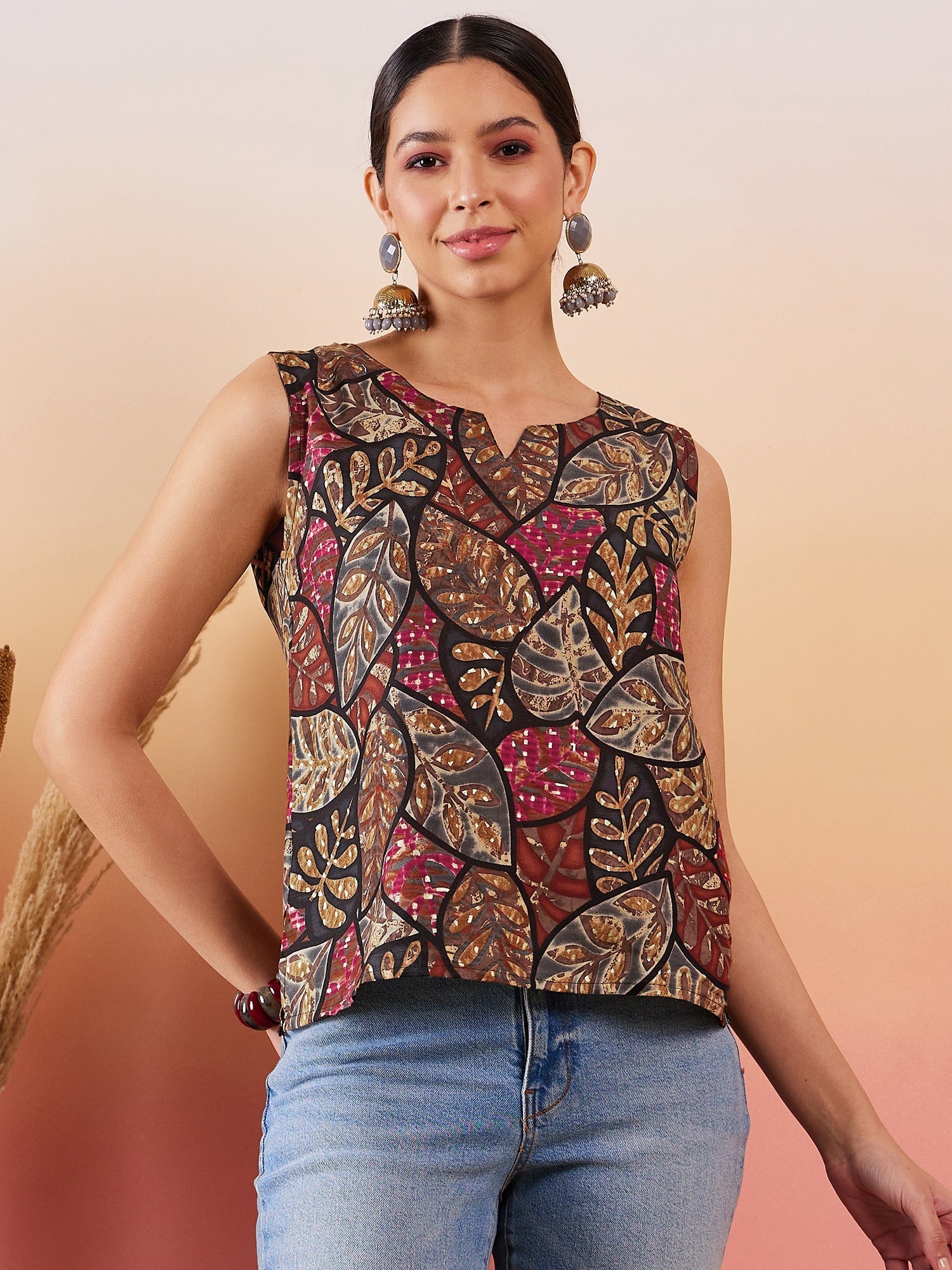 InWeave Black Grey Leaf Print Foil W/S Top - Distacart