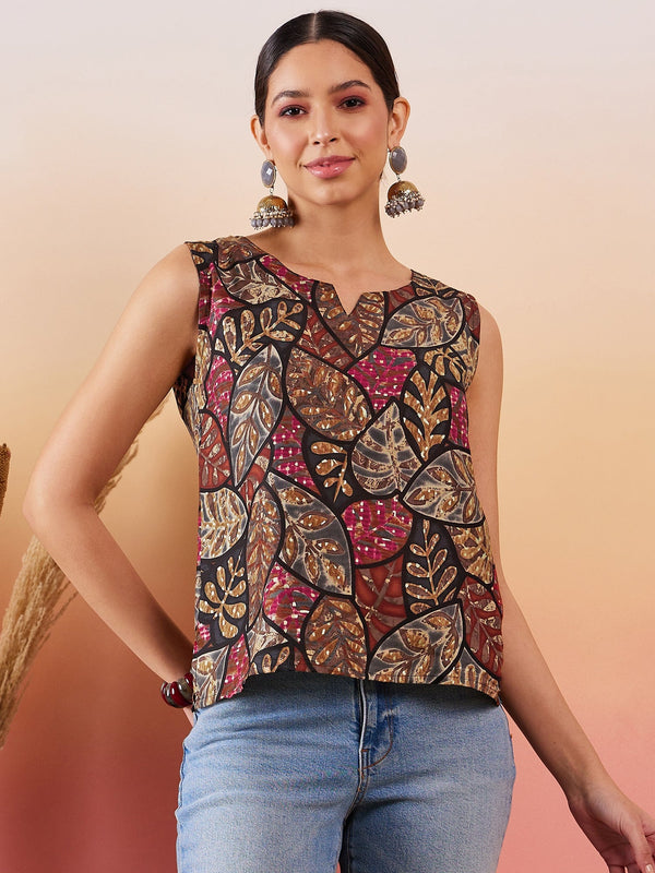 InWeave Black Grey Leaf Print Foil W/S Top