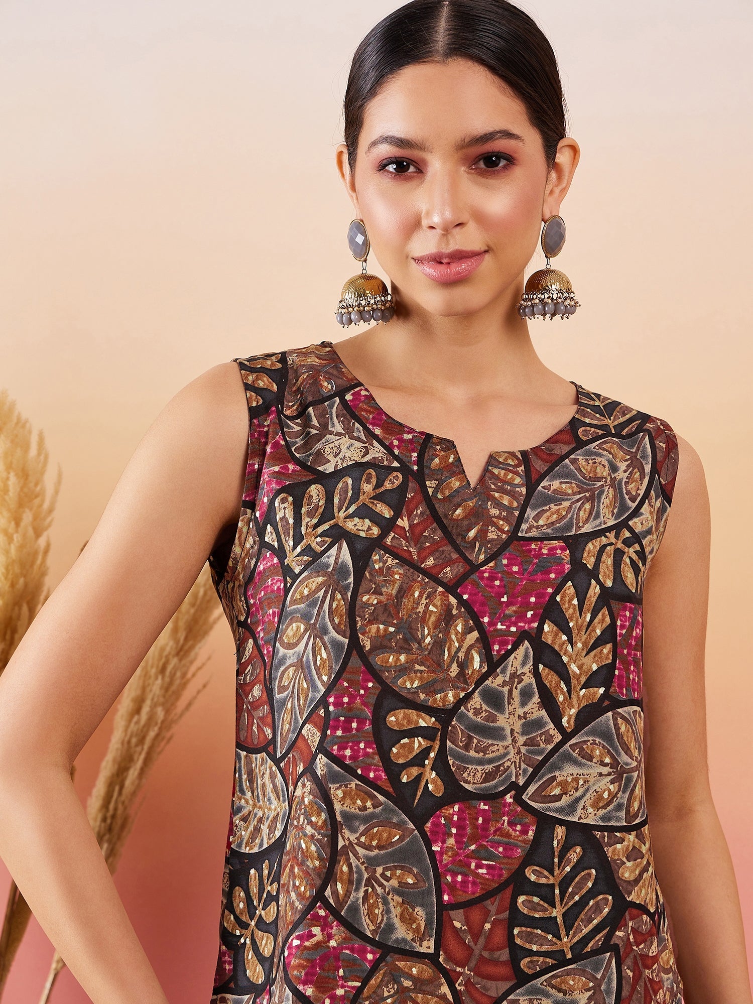 InWeave Black Grey Leaf Print Foil W/S Top - Distacart