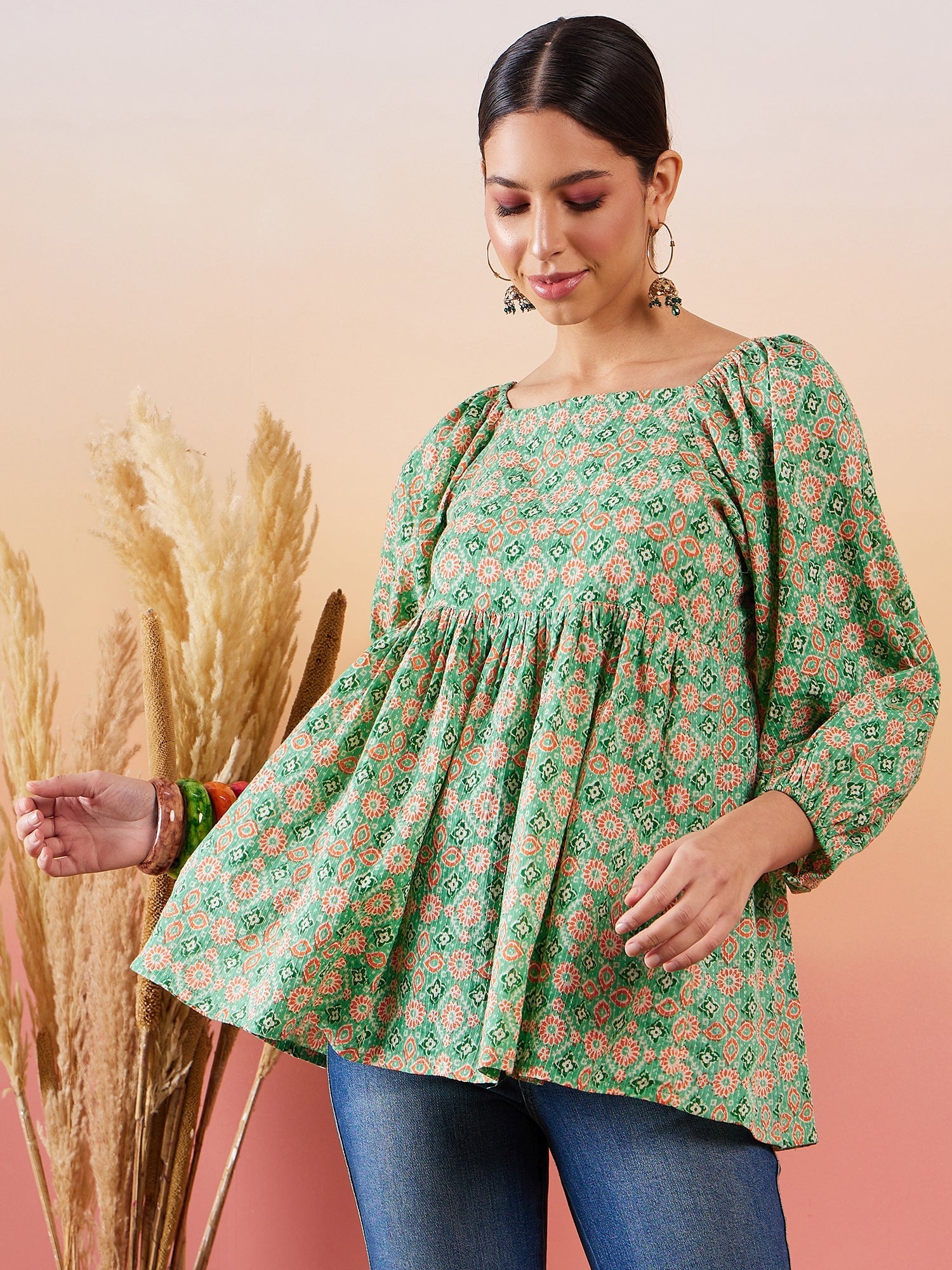 InWeave Cool Green Kantha Print Cold Shoulder Top