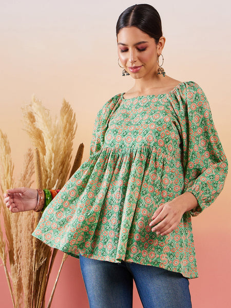 InWeave Cool Green Kantha Print Cold Shoulder Top