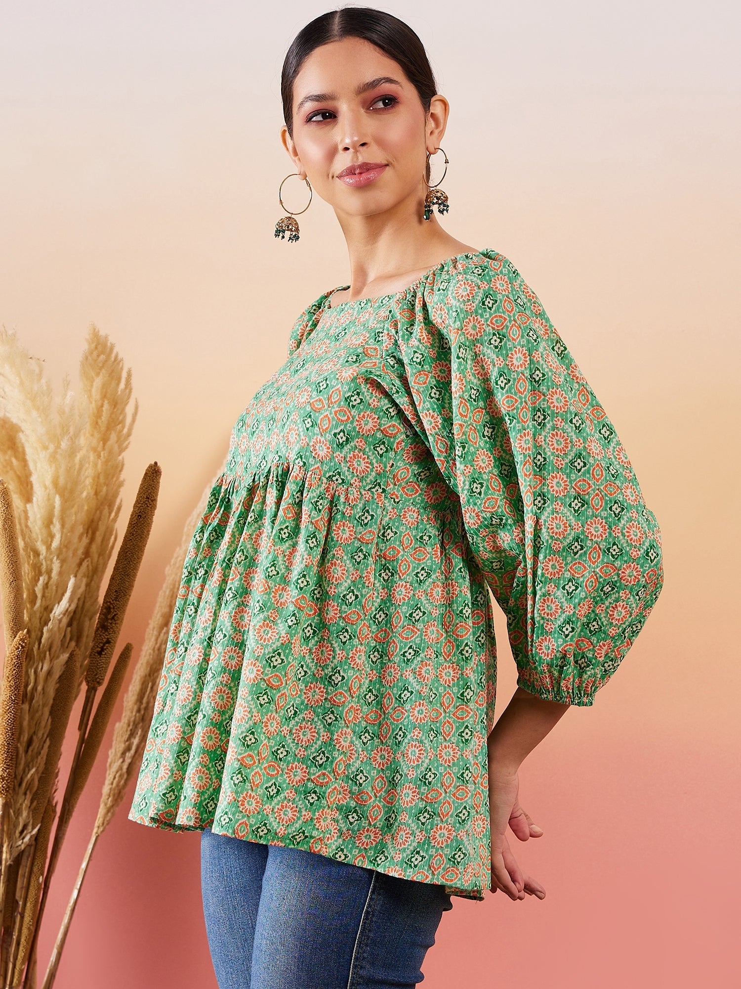 InWeave Cool Green Kantha Print Cold Shoulder Top - Distacart