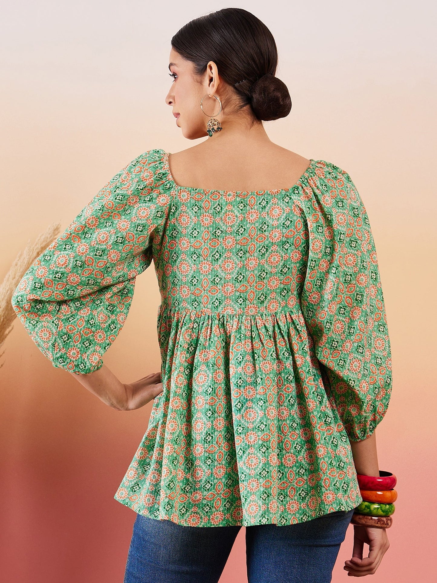 InWeave Cool Green Kantha Print Cold Shoulder Top - Distacart