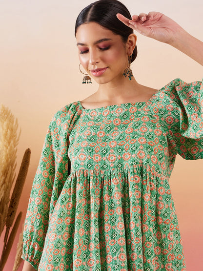 InWeave Cool Green Kantha Print Cold Shoulder Top - Distacart
