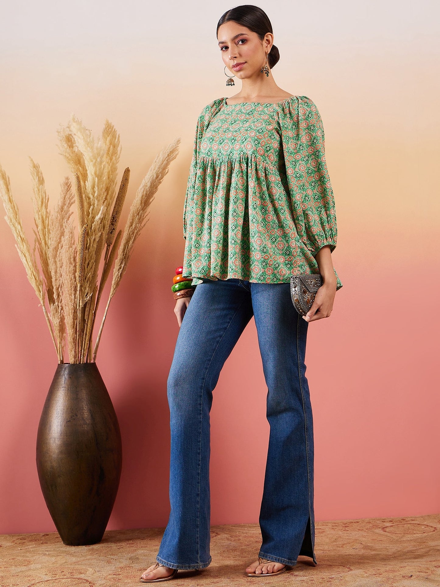 InWeave Cool Green Kantha Print Cold Shoulder Top - Distacart