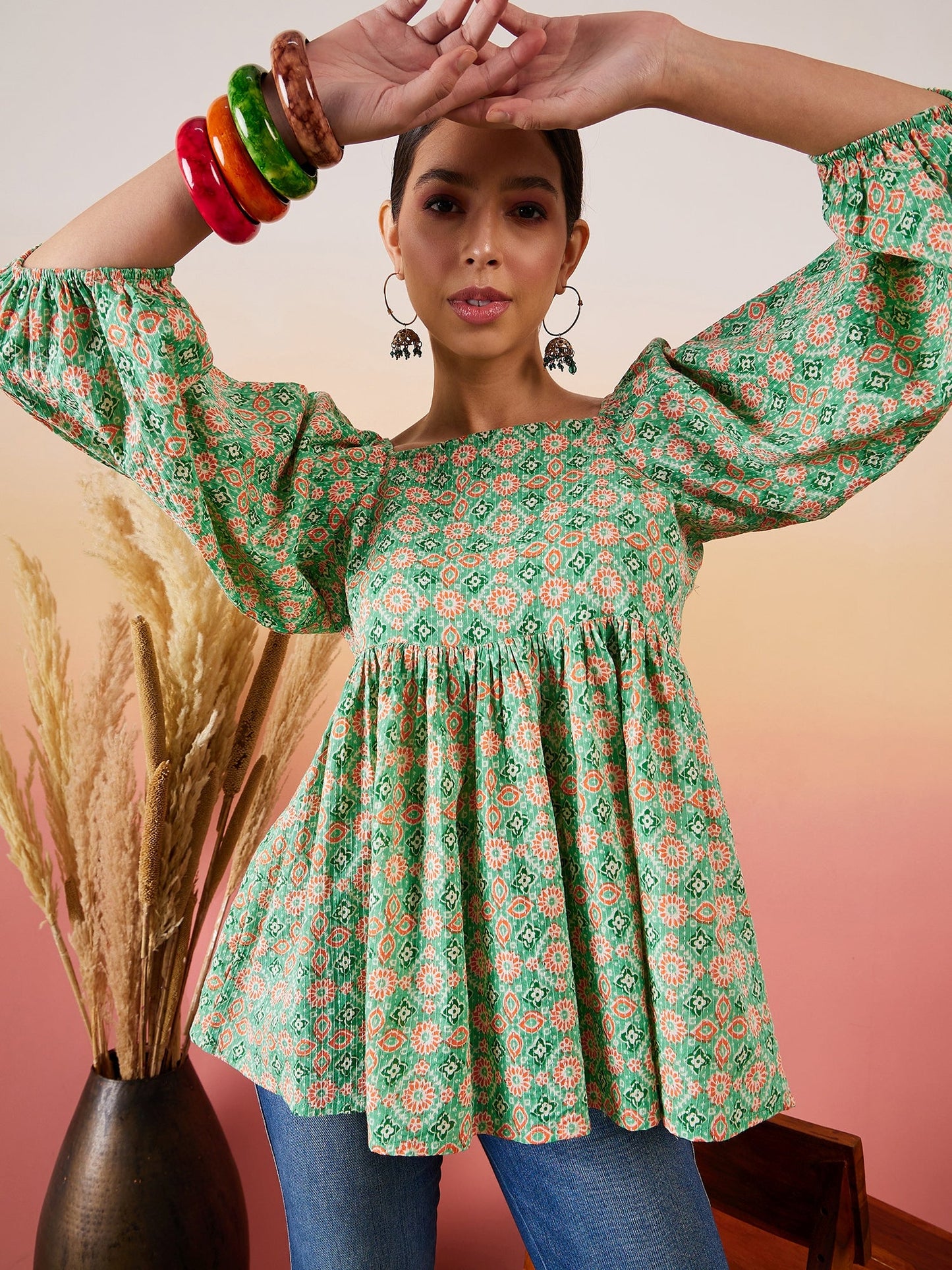 InWeave Cool Green Kantha Print Cold Shoulder Top - Distacart