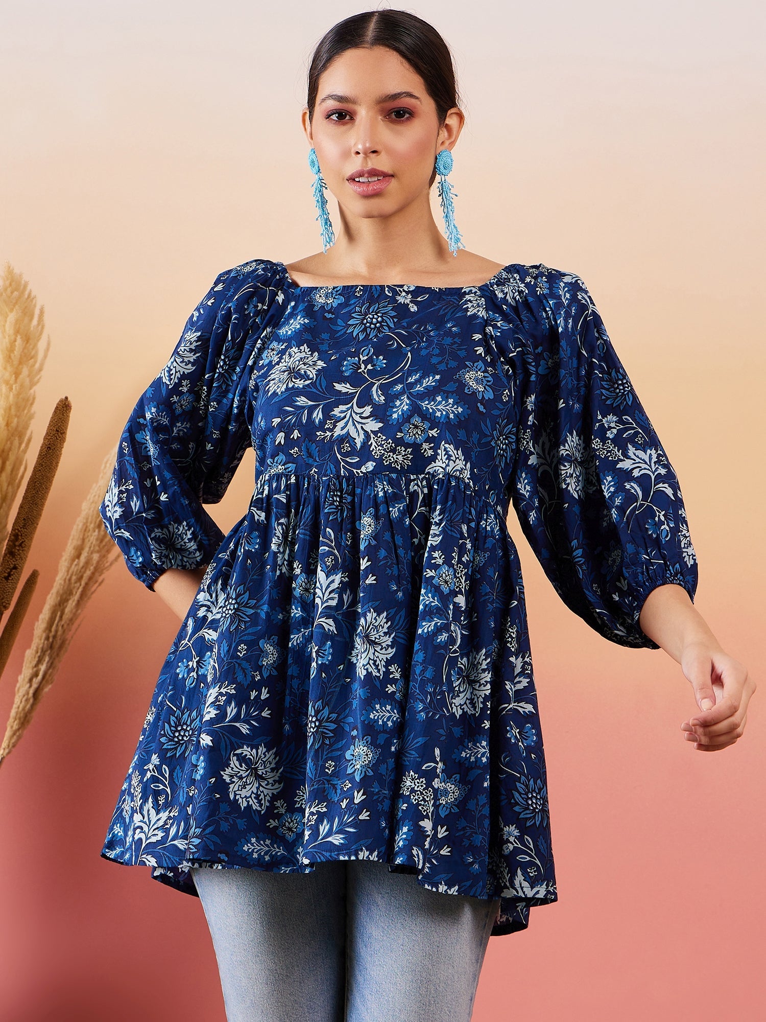InWeave Indigo Floral Print Cold Shoulder Top - Distacart