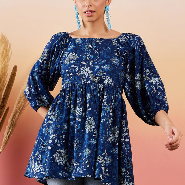 InWeave Indigo Floral Print Cold Shoulder Top - Distacart