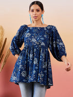 Thumbnail for InWeave Indigo Floral Print Cold Shoulder Top