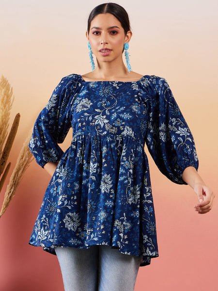 InWeave Indigo Floral Print Cold Shoulder Top