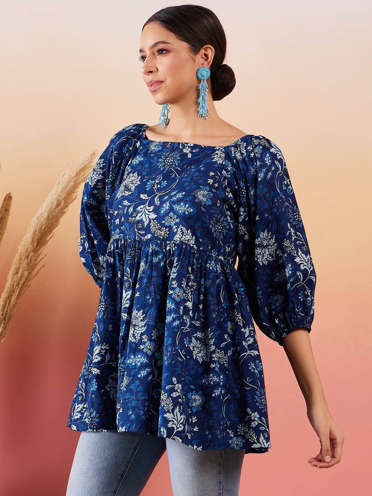 InWeave Indigo Floral Print Cold Shoulder Top - Distacart