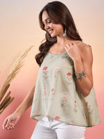 Thumbnail for InWeave Tea Green Floral Strappe Flare Top