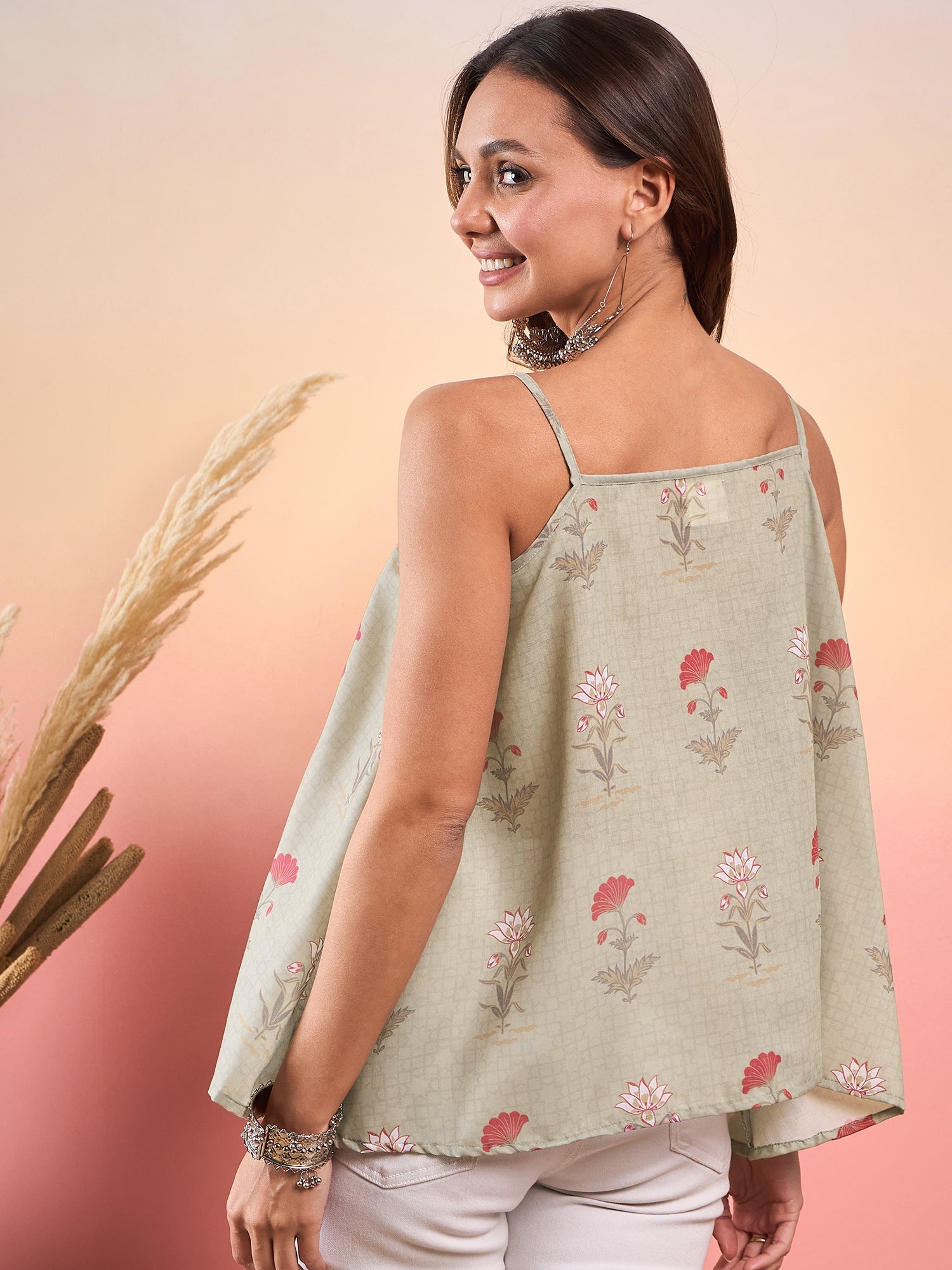 InWeave Tea Green Floral Strappe Flare Top