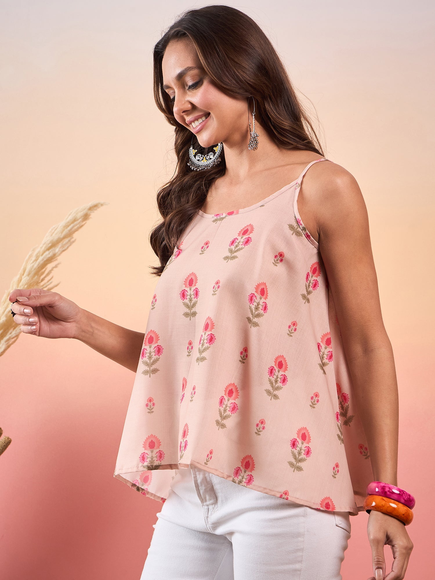 InWeave Light Peach Floral Strappe Flare Top - Distacart