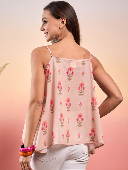 InWeave Light Peach Floral Strappe Flare Top - Distacart