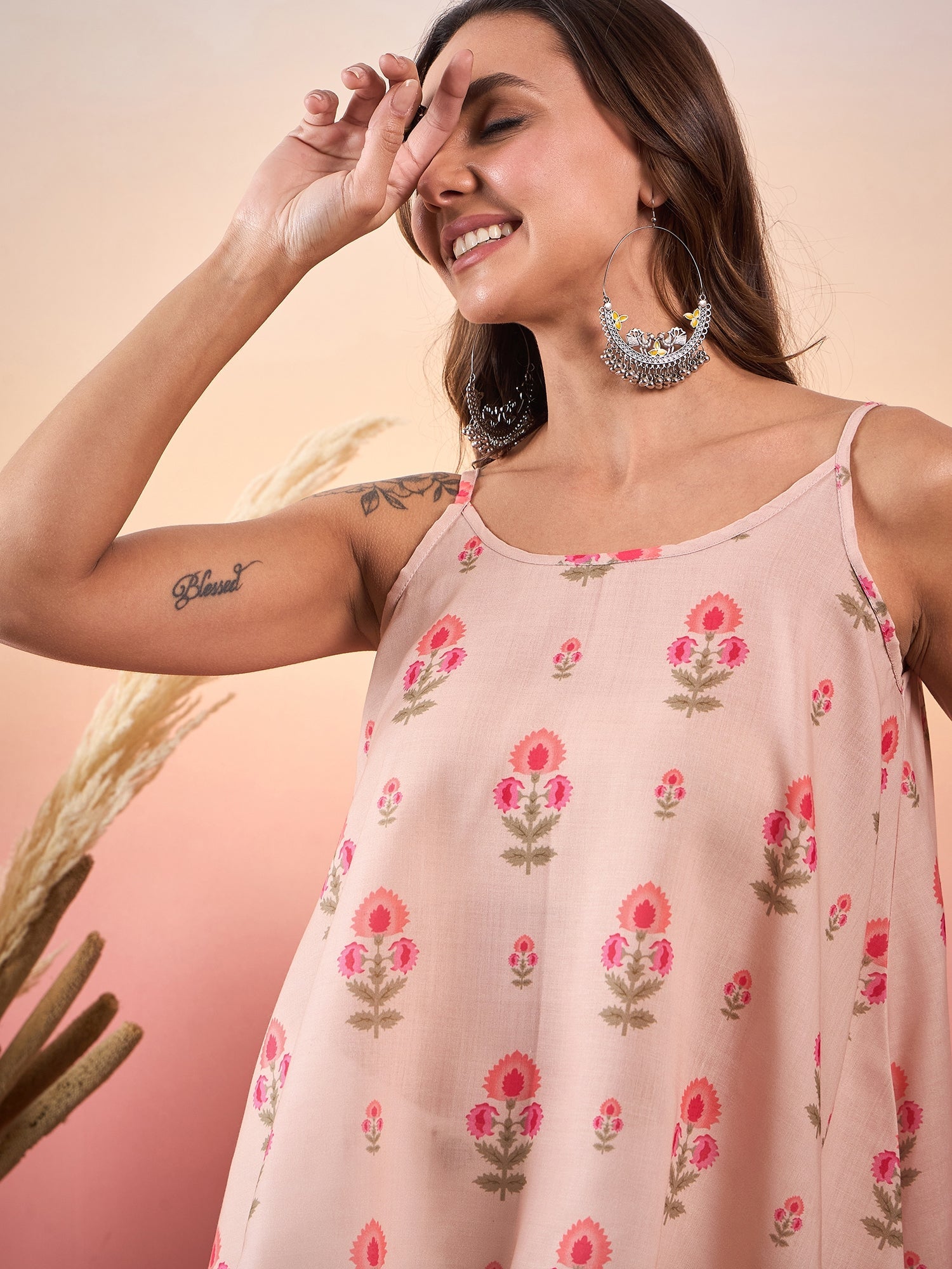 InWeave Light Peach Floral Strappe Flare Top - Distacart