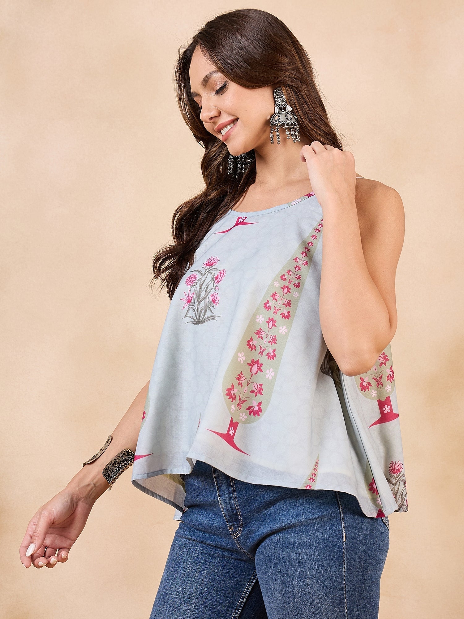 InWeave Stone Green Big Leaf Magenta Strappe Flare Top - Distacart