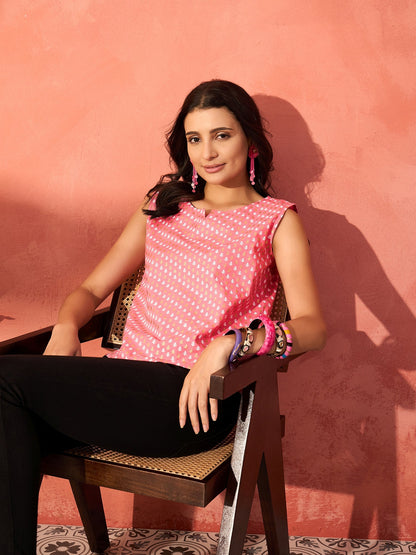 InWeave Pink White Gold Dot Print W/S Top - Distacart