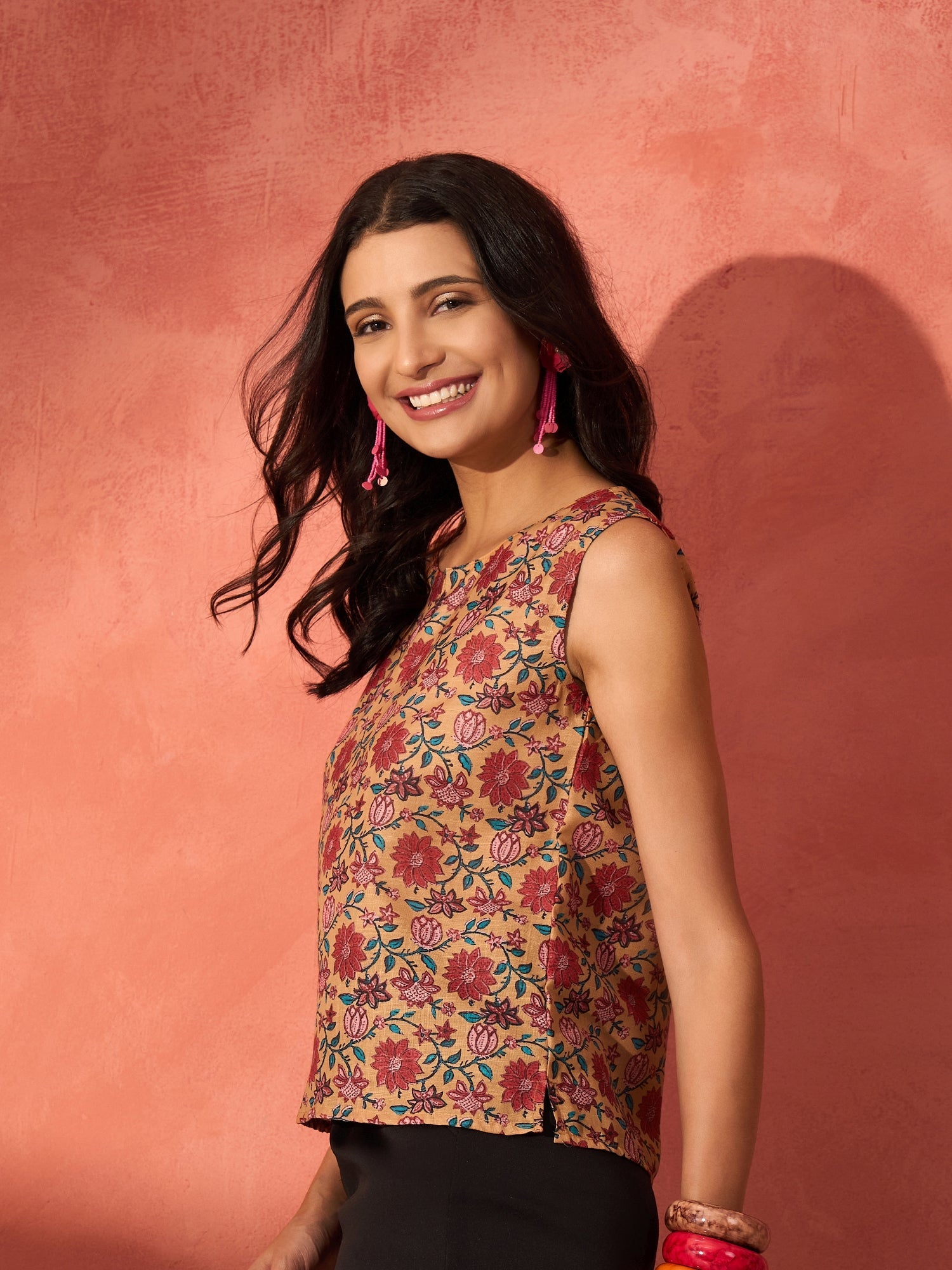 InWeave Mustard Orange Floral Jaal Print W/S Top - Distacart