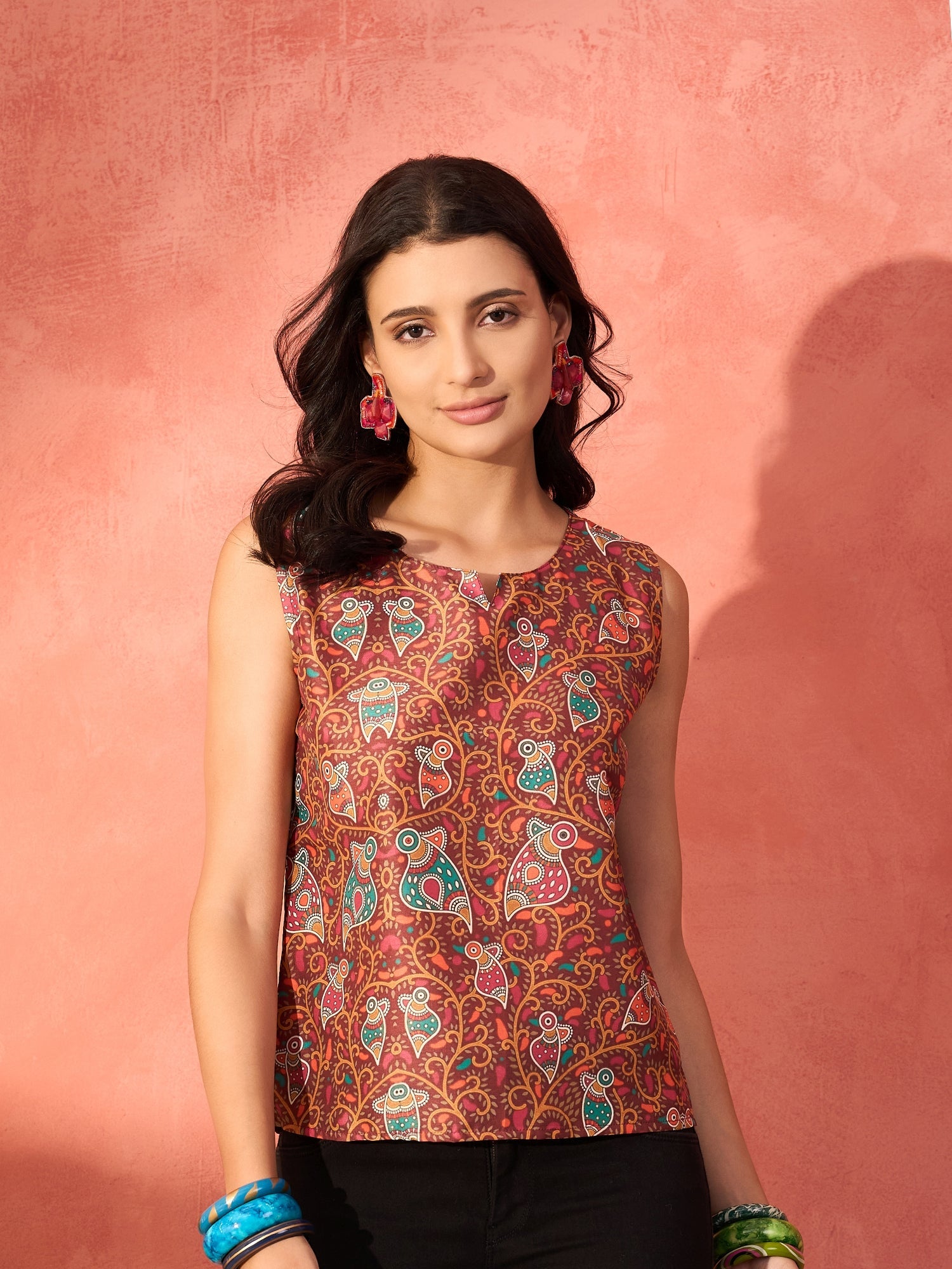 InWeave Rust Bird Jaal Print W/S Top - Distacart