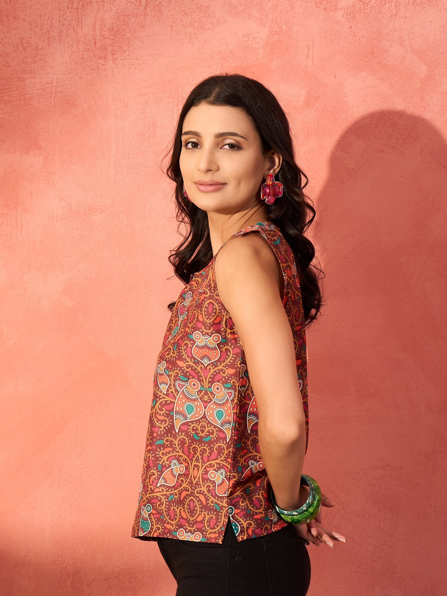 InWeave Rust Bird Jaal Print W/S Top - Distacart