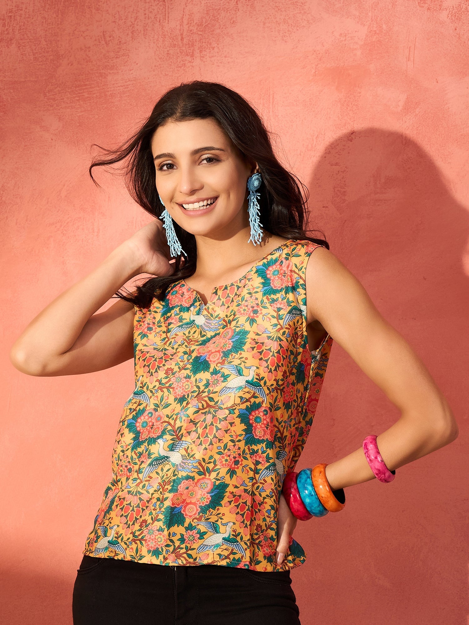 InWeave Corn Yellow Bird Floral Print W/S Top - Distacart